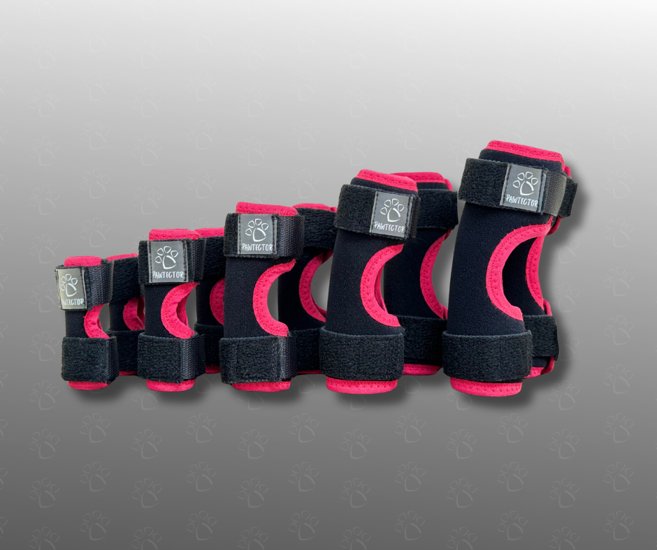 Set of pink dog carpal wraps with brand logo on a gray background