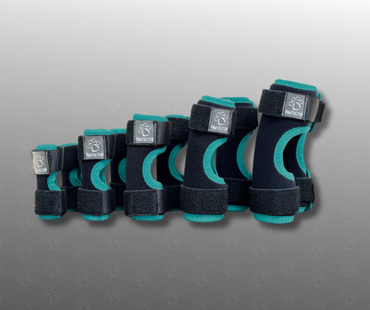 Set of dog carpal wraps with brand logo on a gray background